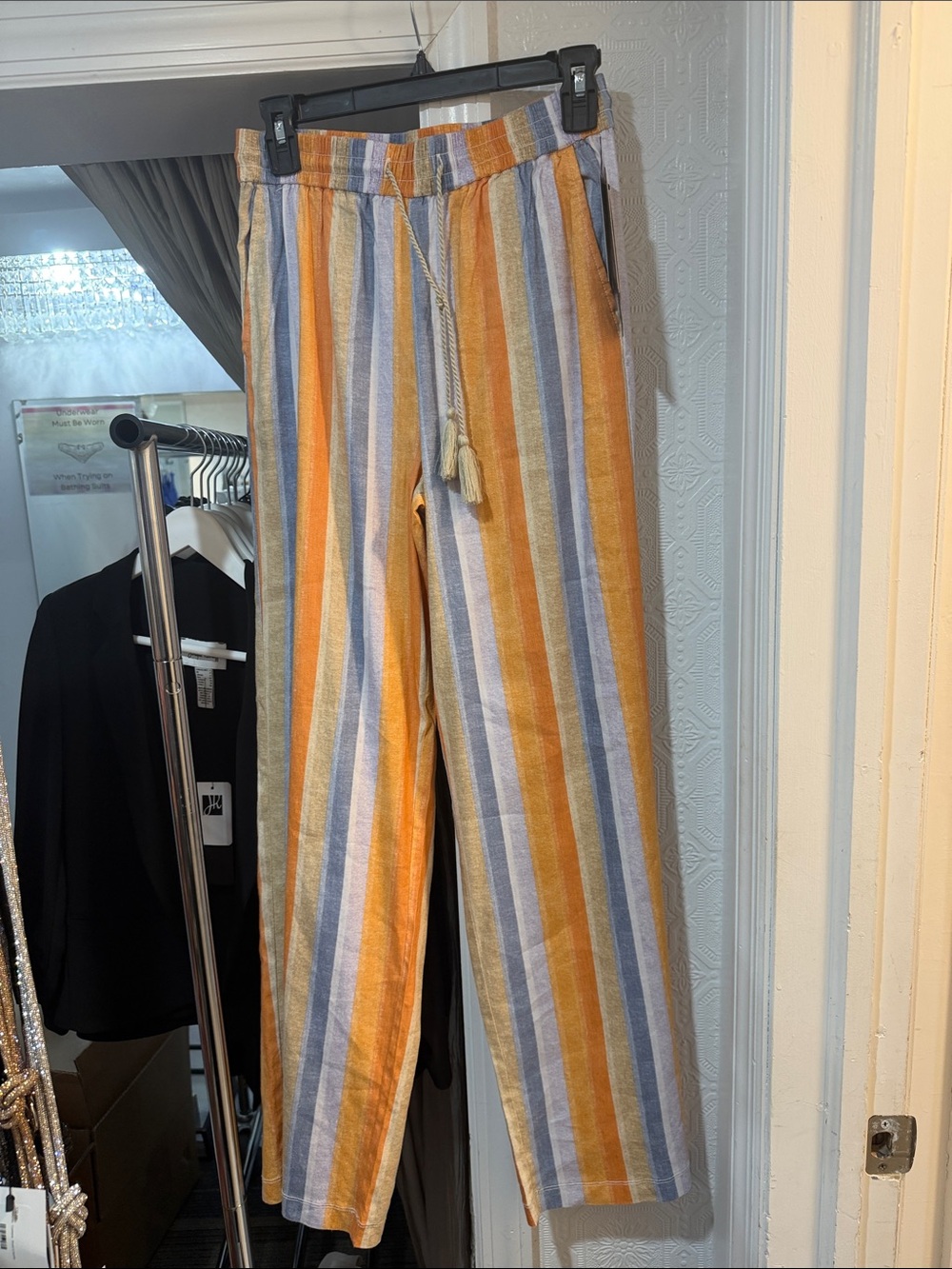 Liverpool Striped Drawstring Wide-Leg Pants in Mustard, Blue & Cream